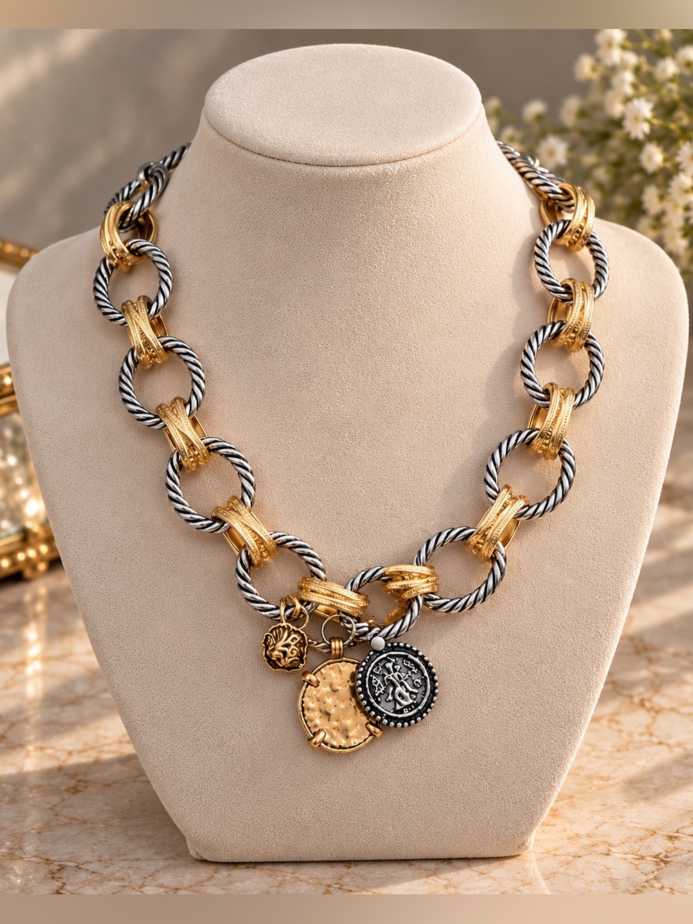 Two-Tone Gold & Silver Coin Link Necklace NWOT